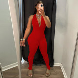 Pure Color Sexy Halter Halterneck Strappy Pleated Jumpsuit