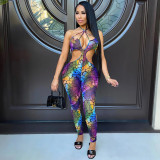 Fashion Sexy Jumpsuit With Printed Halter Neck Wrap And Chest