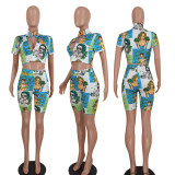 Fashion Printed High-Waisted Stand-Up Collar Two-Piece Suit
