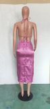 Satin Strap Halter Neck Leaky Waist Leaky Back High Slit Dress