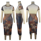 See-Through Mesh Oil Painting Nun Positioning Printing Dress
