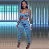 Fashion Printed Chest Wrap Suspender Trousers Two-Piece Suit