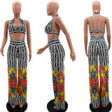 Fashion Two-Piece Halter Neck Wrap Flared Pants
