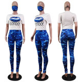 Fashion Printed Short Sleeve Round Neck Two-Piece Suit With Mask
