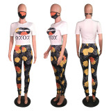 Fashion Printed Short Sleeve Round Neck Two-Piece Suit With Mask