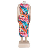 Fashion Printed Pleated Dress With Split Ends