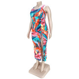 Fashion Printed Pleated Dress With Split Ends