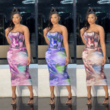 Sexy Wrapped Chest Strapless Printed Women's Two-Piece Dress