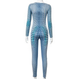 The New 3D Three-Dimensional Printing Round Neck Long-Sleeved Slim Jumpsuit