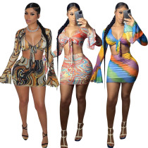 Summer New Style Mesh Trumpet Sleeve Printed Inner Two-Piece Set
