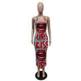 Fashion Sexy Long Skirt Lip Positioning Print Dress