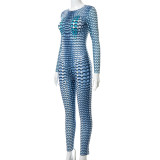 The New 3D Three-Dimensional Printing Round Neck Long-Sleeved Slim Jumpsuit