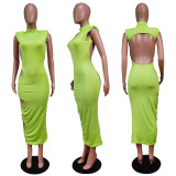 Solid Color Sleeveless Dress With Shoulder Pads And Side Holes