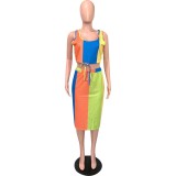 Sleeveless Color Blouse And Long Skirt Suit