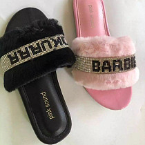 Outer Wear Flat-Bottomed Rhinestone Fluffy Slippers