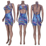 Hollow Chest Gradient Print Sexy Two-Piece Suit