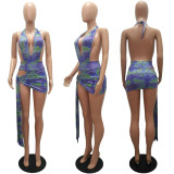 New Deep V Printed Sexy Halter Two-Piece Dress