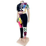 Fashion Printed Contrast Color Half High Neck T-Shirt Two-Piece Set