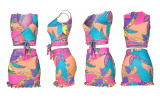 Two-Piece Fashion Geometric Print Tie Pleated Skirt