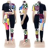 Fashion Printed Contrast Color Half High Neck T-Shirt Two-Piece Set