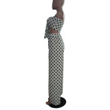 Fashion Polka Dot Printed Wrapped Top and Wide Leg Pants Set