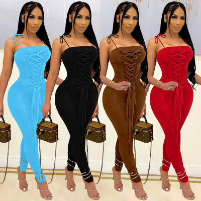 Sexy Solid Color Back Pleated Sling Strappy Jumpsuit