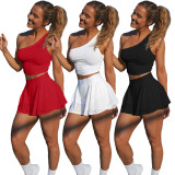 Sexy Solid Color Hole Strip Cutout Two-Piece Light-Proof Tennis Skirt