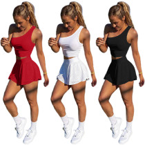 Sexy Solid Color Hole Strip Cutout Two-Piece Light-Proof Tennis Skirt