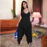 Lace-Up Halter Solid Color Ruffled Irregular Loose Jumpsuit