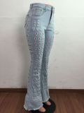 Sexy Stretch Denim Flared Pants With Ripped Holes