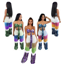 Tie-Dye Printing Gradient Pleated Chest Wrap Two-Piece Set