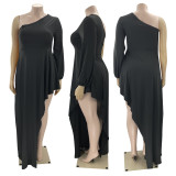 Pure Color Casual Oblique Shoulder One-Shoulder Sleeve Dress