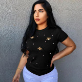 Beaded Butterfly Round Neck T-Shirt Fashion Short Sleeve