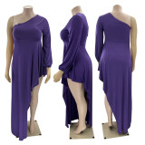 Pure Color Casual Oblique Shoulder One-Shoulder Sleeve Dress