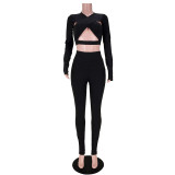 Pure Color Sexy Cross Hollow Sports Two-Piece Suit
