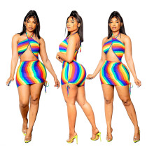 Rainbow Gradient Print Cross Drawstring Dress