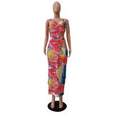 Hollow One-Shoulder Sling Slim Digital Printed Dress
