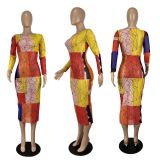 Women's Contrast Printed Long Sleeve Dress