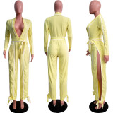 Fashion Solid Color V-Neck Side Stripe Slit Long-Sleeved Jumpsuit