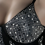 Sling V-Neck Sexy Hot Diamond Pearl See-Through Dress