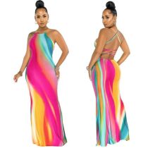 Printed Sexy Dress With Backless Tie Rope