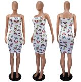 Printed Butterfly Strapless Sexy Dress