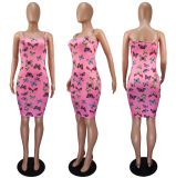Printed Butterfly Strapless Sexy Dress