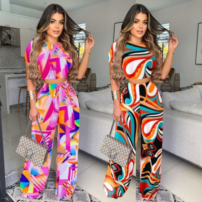 Printed T-Shirt, Wide-Leg Pants, Fashion Casual Two-Piece Suit