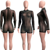 Fashion Sexy Mesh Perspective Hot Drilling Shorts Long-Sleeved Jumpsuit