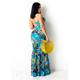 Printed Hollow Strap Sexy Off-The-Shoulder Long Dress