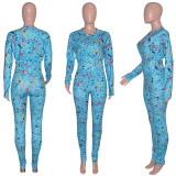 Casual Sports Print Stretch Waist Trousers Suit