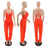 Fashion Sexy Loose Back Deep V Solid Color Jumpsuit