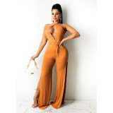 Sexy Low-Cut Strappy Jumpsuit With Open Back Split