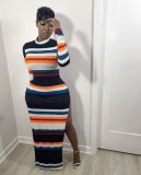 Sexy Dress With Deep Pit Stripe Print Split Ends